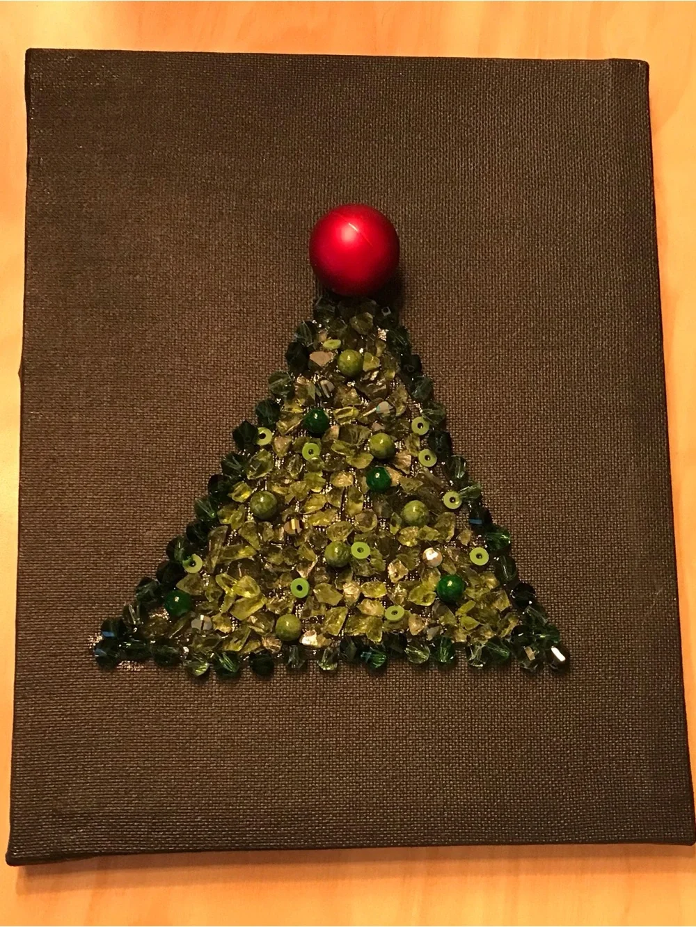 Hand crafted Green Beaded Holiday Tree Canvas with Red Ornament Accent